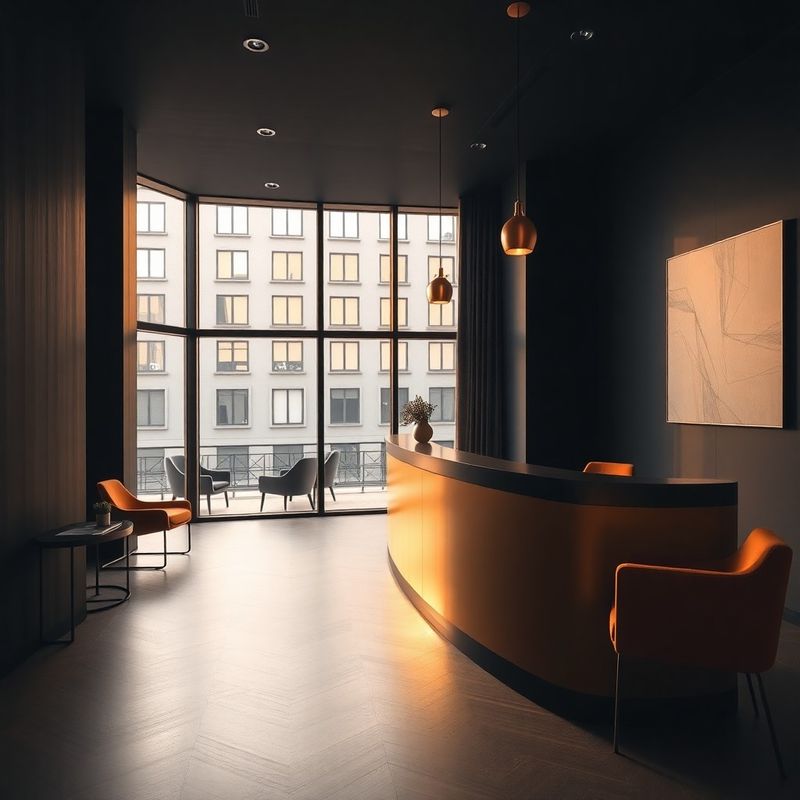 Recepție minimalistă în tonuri de cărbune și auriu, birou din București